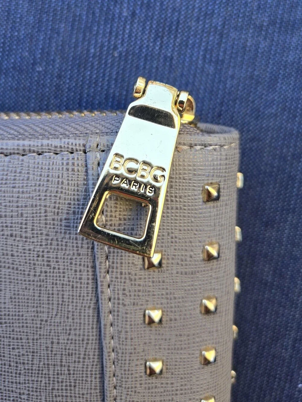 Bcbg Paris Gray Leather Zip Around Studded Wallet